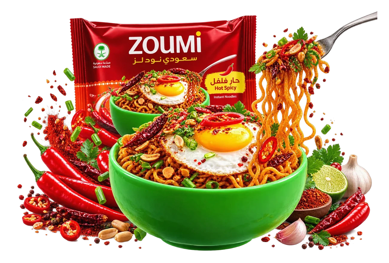 Zoumi Hot & Spicy noodles with chili and a serving bowl